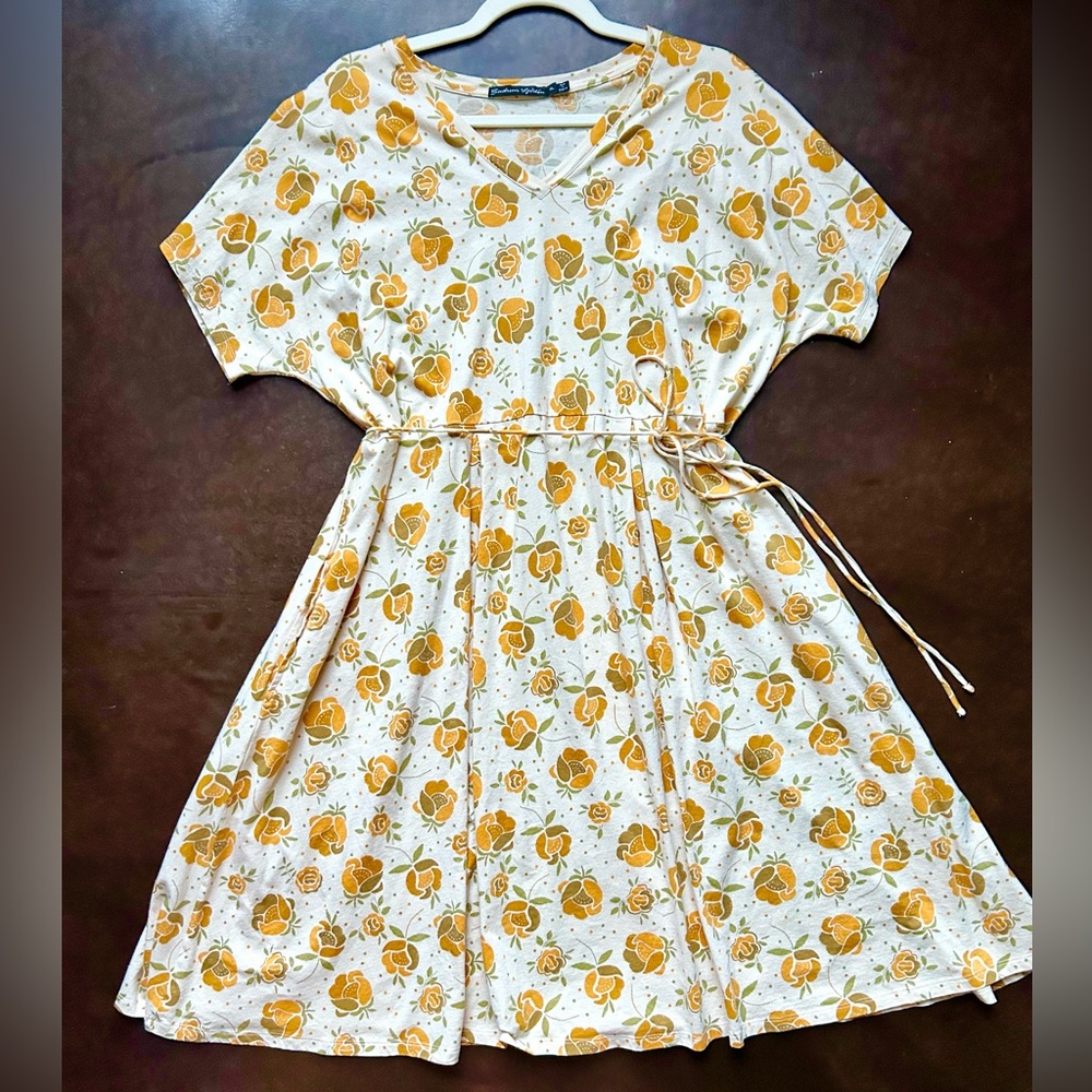 Gudrun Sjoden- 100% cotton yellow + off white floral fit + flare dress- size XL
